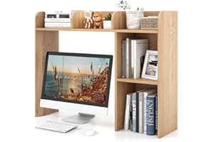 COSTWAY Regał na biurko, regał stołowy z 4 półkami i otwartą półką, system odkładania, uniwersalny organizer stołowy na biurko, 94 x 25 x 74 cm (naturalny)