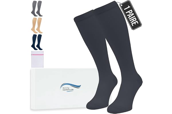 360 Relief Bas de Contention - 1 Paire Couleur Unie Chaussettes de Compression Femme et Homme - Idéales pour Vols, Voyages et Sports - L/XL Noir avec sac de lavage en maille