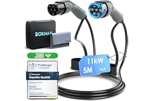 ‎BOKMAN bokman Typ 2 Ladekabel, Modus 3 / 16A / 11 kW / 3-Phasig / 5 Meter, Typ 2 auf Typ 2 EV Ladekabel für Elektroauto mit Tragetasche und Mikrofasertuch