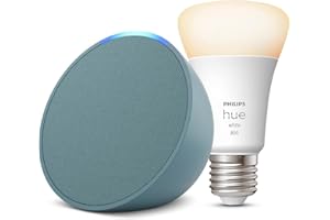 AMAZON Echo Pop | Midnight Teal + Philips Hue White Smart Light Bulb LED (E27), Works with Alexa - Smart Home Starter Kit