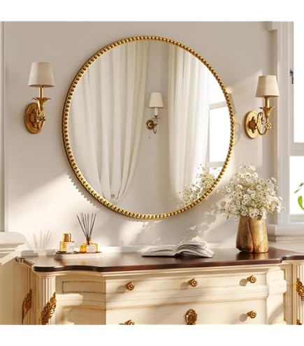 Antok Spiegel Rund, 62cm Gold Dekorative Wandspiegel für Bad, Eitelkeit, Wohnzimmer, Eingangsbereich, Runder Spiegel Hängend oder Lehnend, Aluminium Rahmen