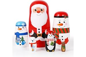 EXCEART Wooden Stacking Russian Matryoshka Doll with Santa Claus, Elk, Snowman, Polar Bear, Penguin - Christmas Nested Doll for Kids Birthday, Party, Home Decor