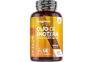 WEIGHTWORLD Olio di Enotera Perle, 10% GLA Vegano, Spremuto a Freddo, 180 Softgel, 1 al Giorno (Scorta 6 Mesi), Evening Primerose Oil, Omega 6, Acido Linoleico, Omega 9, Acido Oleico, 1000mg Ciascuna, Senza OGM