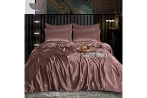 ROOEE Satin Silk Complete Bedding Set - 6 PCS - Fitted sheet, Duvet Cover, 4 Pillow Cases. Color - Blush-Pink Size - Double