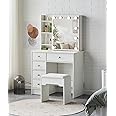 TUKAILAi White Dressing Tables with Hollywood LED Lights Mirror, 5 Drawers Vanity Makeup Table with Sliding Mirror and Stool for Bedroom Girls Women