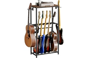 MAHANCRIS Soporte de Guitarra, Estantería para 5 Guitarras de Dos Niveles, para Guitarra Acústica, Guitarra Eléctrica, Bajo, Ukelele, Banjo, Revestimiento Protector de EVA, Marrón AGSHR6501