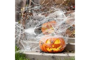 KOMEIYL KOMEITO Ragnatele Halloween Decorazione, 200g Stretch Ragnatele Estensibili Bianca, Ragnatela Spettrale All'aperto con 40 Nero, Applica a Decorazione Interna Esterna della Casa Stregata
