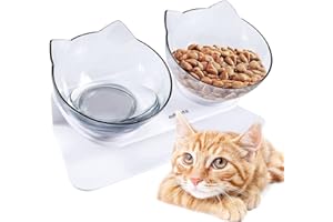 Edipets, Comedero Gato, Bebedero Gatos, Transparente, Tazón Doble Ajustable, Cuenco con Soporte Elevado, Agua y Comida, Evita Lesiones Cervicales (Transparente)