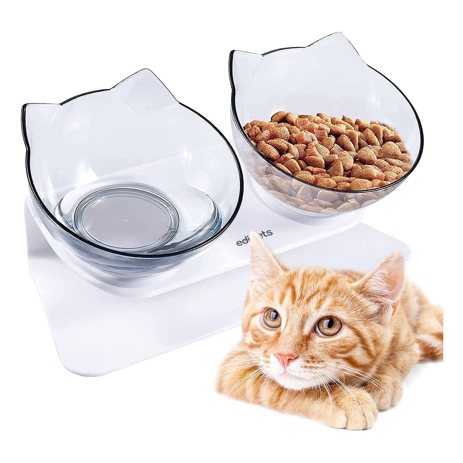 Edipets, Comedero Gato, Bebedero Gatos, Transparente, Tazón Doble Ajustable, Cuenco con Soporte Elevado, Agua y Comida, Evita Lesiones Cervicales (Transparente)