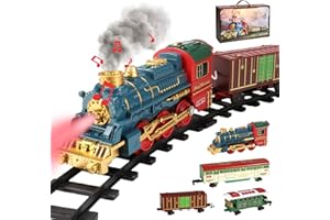 IERAKOR Tren Eléctrico de Navidad, Tren Árbol de Navidad Eléctrico con Luces LED, Sonido y Vapor, Juegos de Trenes de Vapor con Vía de Bricolaje, Vagones, Batería Recargable, Trenes Electrico Juguete Niños