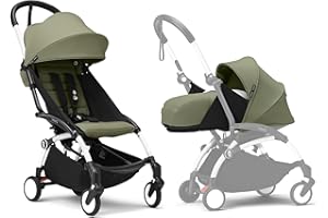 Poussette Stokke YOYO3 avec pack nouveau-né et pack couleur 6+ - Comprend un cadre blanc, un pack couleur YOYO 6+ (Olive) et un pack nouveau-né 0+ (Olive)