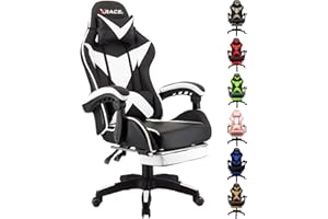 xRace Gaming Stuhl, Bürostuhl, Ergonomischer Pc Stuhl, Gaming Sessel aus Leder mit Lendenwirbelstütze, Verstellbarer Drehbarer, Task Stühle mit Fußstütze und Kopfstütze, Weiß