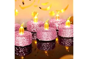 YiYFiT Lot de 12 bougies chauffe-plat LED roses scintillantes à piles sans flamme réalistes pour Noël, Pâques, Halloween, mariage, fête, festivals, etc. Jaune chaud