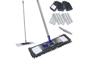MASTERTOP Balai à Plat en Microfibre Rotatif à 360° Vadrouille Serpillère Plate en Chenille avec Manche en Métal pour Nettoyage de Sol Sec & Humide avec 4 Tampons en Total