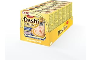 INABA Dashi Delights, Delicati Fiocchi in Brodo di Pollo con Tonno - 6 Coppette x 70 gr - Cibo Umido per Gatti con Dashi - Snack per Gatti Ricco di Proteine, Ingredienti Naturali - Pasto Complementare