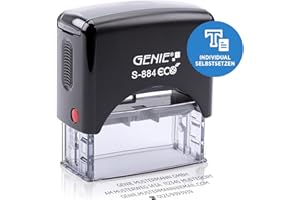 ‎GENIE GENIE S-884 ECO Stempel Set mit Stempelkissen | Adressstempel | Automatikstempel | Firmenstempel | Selbstfärbender Stempel | Mini-Bürogerät | Robust & Personalisierbar | Buchstaben, Zahlen & Zeichen