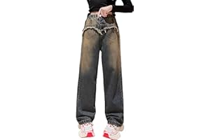 Panegy Jeans Strappati per Ragazze Vita Alta Elastica Baggy Casual Gamba Larga Denim Jeans Moda Lavato Pantaloni con Tasche Stretchy Vintage Pants età 5-15 Anni