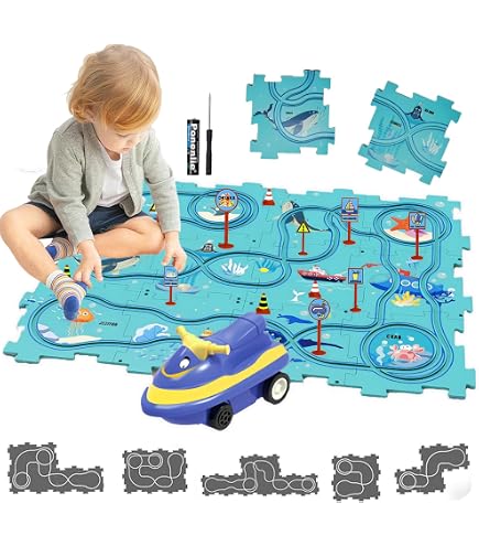 Circuit Voiture Enfant 6 Thèmes – Puzzle DIY Piste De Course + 6 Voitures – Jouet Éducatif 3-7 Ans Garçon Fille