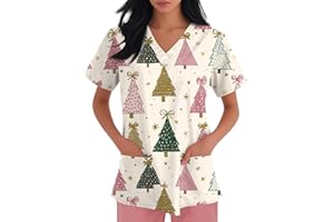 DIYIOUZHOU Christmas Scrub Top for Women Santa Printed V Neck Healthcare Xmas Holiday Tops Healthcare Nurse Uniform with Multiple Pockets