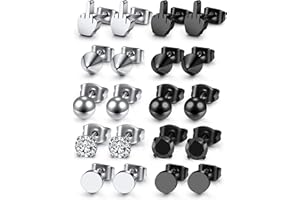 AllerPierce 10-13 Pairs Stainless Steel Stud Earrings for Men Silver Black Mens Earrings CZ Screw Studs Punk Rock Earring Hypoallergenic Men's Earrings Jewellery Set for Boys
