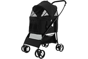 Maxmass Pet Stroller, Folding Dogs Travel Carrier with Wheels, Brake, 4-Level Adjustable Canopy & Storage Basket, Pet Travel Carriage for Small & Medium Sized Dogs Cats (Black)