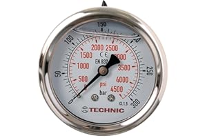 TC TECHNIC Manómetro glicerina lleno, 63 mm, 0 – 300 bar, 4500 psi, 1/4 pulgadas, indicador de presión