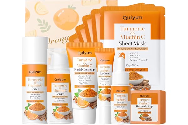 QUIYUM Coffret cadeau curcuma et vitamine C, coffret de soins visage 11 pièces pour femmes, routine skincare hydratante, hydratation intense et éclat naturel, adapté à tous les types de peau