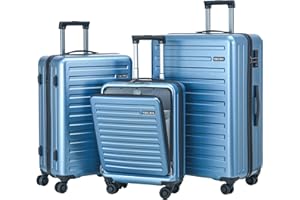 TydeCkare Juego de Maletas de 3 Piezas (20/24/28), Solo 20" con Bolsillo Delantero, Cabina de 55x40x20cm, Equipaje Facturado de 24"=66cm y 28"=76cm, Hardshell, Liviana, con Cerradura TSA, Azul