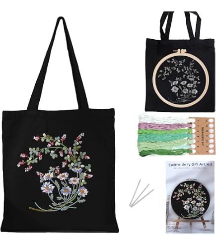 Kit Broderie Toile Noire Motif Fleurs - Cerceau Bambou, Fils Et Outils Complets Pour Débutants