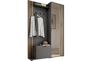 MB-MOEBEL Garderobe mit Spiegel Flurgarderobe Garderobenschrank Kompaktgarderobe Dielenschrank Garderobe Set Regal Diele & Flur Kleiderschrank Schuhschrank 135x197x34 cm John, Grau + Artisan