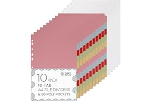 Ziffs Office® [10 Pack] A4 File Dividers 10 Part & 50 Poly Pockets - Folder Dividers A4 - Binder Dividers A4 - A4 Subject Dividers Card Dividers - British Brand