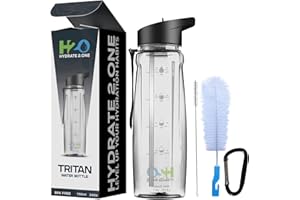 HYDRATE 2.ONE Butelka na wodę ze słomką - szczelna plastikowa butelka dla dorosłych - motywacyjne oznaczenia czasu do picia - sportowa butelka na napoje bez BPA dla siłowni, mężczyzn kobiet dzieci - butelka do picia wielokrotnego użytku 750 ml