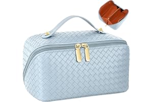 JUYANO Large Capacity Travel Cosmetic Bag Travel Makeup Bag Portable PU Leather Cosmetic Storage Bag, Double Zipper Waterproof Makeup Bag with Dividers and Handle for Women Girls