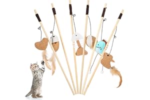 Yamitora 6 Stück Katzenspielzeug Feder, Interaktives Katzenangel Katze Spielzeug Set, Katzenspielzeug Stab mit Feder Fisch, Interaktives Katzenspielzeug für Kleine Große Katzen