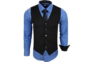 Subliminal Mode - Gilet + Chemise + Cravate Homme Col Bicolore Uni Manches Longues Coupe Ajusté Business Repassage Facile RN33