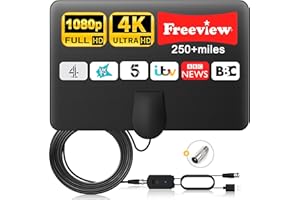 Fivglrig TV Aerial Indoor-Amplified Indoor TV Aerial with Booster 250+ Long Range Reception for Freeview TV Support 4K 1080P HDTV & 14.8ft Coax Cable