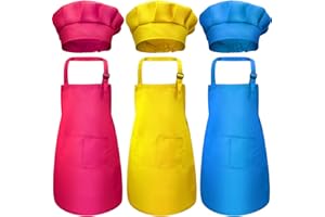 CHENGU 6 Pieces Kids Chef Hat Apron Set, Boys Girls Aprons for Kids Adjustable Cotton Aprons Kitchen Bib Aprons with 2 Pockets for Kitchen Cooking Baking Wear (Small, Color 3)