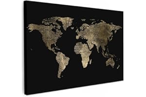 MuchoWow© Wandbilder Groß 120x80 cm XXL Wohnzimmer Wanddeko Schlafzimmer Zimmerdeko Fotowand Zimmer Deko Wand Dekoration Wall Art Bild Weltkarte Gold - Schwarz - Landkarte Welt - Luxus