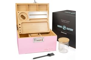 Viking Factory Caja de bambú Grande con Bloqueo de combinación, Cerradura de Caja Decorativa para el hogar, Bandeja | tarros de Cristal | Herramienta de Accesorios (24 * 18 * 14cm Rosa)