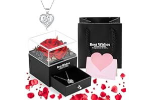 Daover Rosa Eterna Preservada, Rosa Roja Real Eterna con Collar Caja De Regalo Flores Preservadas, Rosa Real Preservada para El Día de San Valentín Día de la Madre Navidad Regalos Románticos para Ella