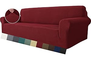 ‎MAXIJIN MAXIJIN Super Stretch Couch Bezug für 3-Sitzer Couch, 1-teilige Universal-Sofabezüge Wohnzimmer Jacquard Spandex Möbelschutz Hunde Haustierfreundliche Couch Schonbezug (3 Sitzer, Weinrot)