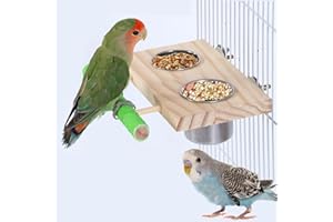 JEHANOIRY Bird Feeding Dish Cups, Stainless Steel Bird Feeding Bowl for Cage, Hanging Parrot Cage Feeder & Water Bowl with Wooden Platform for Parakeet Cockatiels Budgie Finches