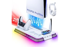 Tolesum Support pour PS5/ Slim / PS5 Pro, Station de RGB Refroidissement avec Charge à Double Manettes, Ventilateur de Refroidissement à 3 Vitesses avec Casque et 3 Ports USB - Blanc