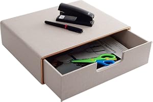 XNONE Schreibtisch-Schubladenbox mit geschlossenem A4-Fach, PU-Leder-Schubladenbox, Schmuck-Organizer, Kosmetik-Organizer, U-förmige Öffnung, handgenähte Nähte(Beige Stoff vergoldeter Rand)