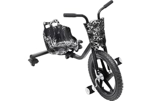 Drift Trike Barn Drift Scooter 360° drift kart med pedaler, svart | Justerbar trehjuling från 6 år med lysande bakhjul, racingsits, upp till 80 kg, för park och fritidspark
