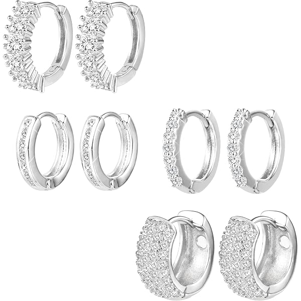 4 Paia Orecchini In Argento 925 Placcato Oro 14K – Set Con Creoli E Borchie A Zirconia, Per Piercing Multipli