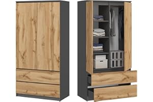 ‎HOME COLLECTIVE Home Collective Wardrobe Multi-Purpose Cabinet Household Cabinet 90 x 50 x 180 cm (W x D x H) with 2 Drawers, 3 Shelves & Clothes Rail - Robust, Space-Saving and Versatile | Anthracite/Oak