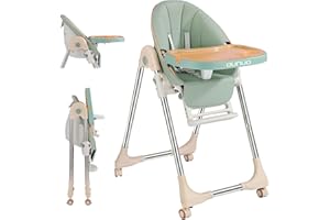 OUNUO Trona para Bebe Evolutiva, Trona para bebés Plegable con bandeja extraíble, Tronas bebe Ajustable 5 Alturas, 4 ruedas, Verde