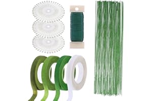 Woohome Pack of 7 Flower Arrangement Tool Kit 1.2 cm Floral Crepe Tape, 22 Gauge Green Floral Wire, 26 Gauge Green Flower Trunk Wire and Ball Head Pins for Flowers DIY, Home Decor, Wedding Decor