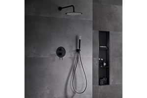 NOLUXA IMEX - Ducha Empotrada Negra Monomando | Kit de Grifería Empotrado con Alcachofa y Rociador Antical Efecto Lluvia | Columna Ducha Empotrada con Grifo en Latón y Acero Inox S.304 | Serie Monza